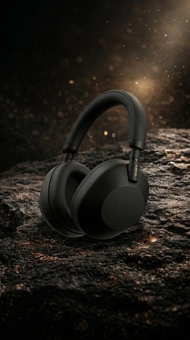 Casque sans fil premium Sony WH-1000XM6 noir sur une roche de luxe