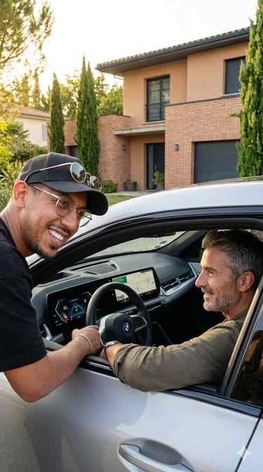 Convoyeur expliquant les fonctionnalités du tableau de bord d'une voiture neuve à un client.