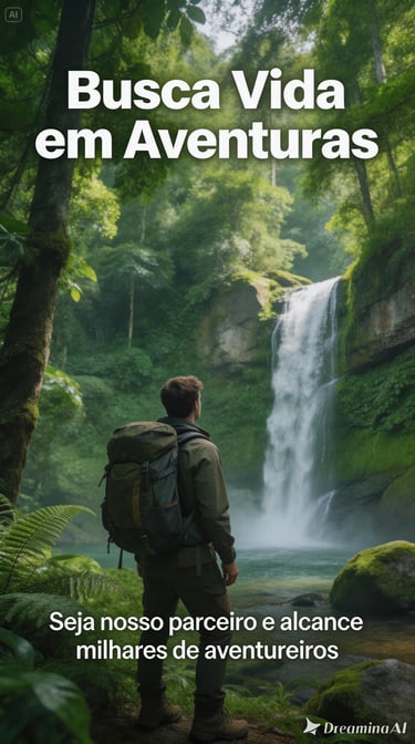 Hiker with a backpack standing in a lush tropical forest looking at a large scenic waterfall.