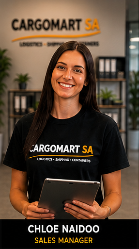 Smiling Cargomart SA sales manager Chloe Naidoo holding a digital tablet in a logistics office.