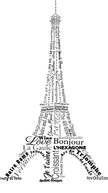Black text in the shape of the Eiffel Tower, featuring words and phrases related to French culture and landmarks.