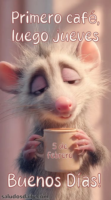 Tlacuache animado sosteniendo una taza de café muy grande con ambas manos, con expresión somnolienta