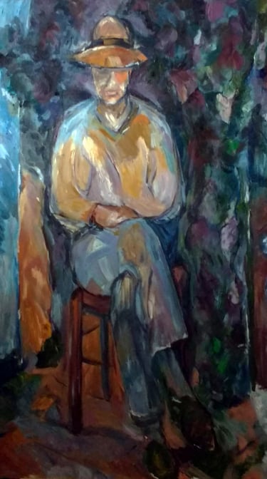 Self-portrait in oil on wood panel using Cézanne's constructive stroke technique.