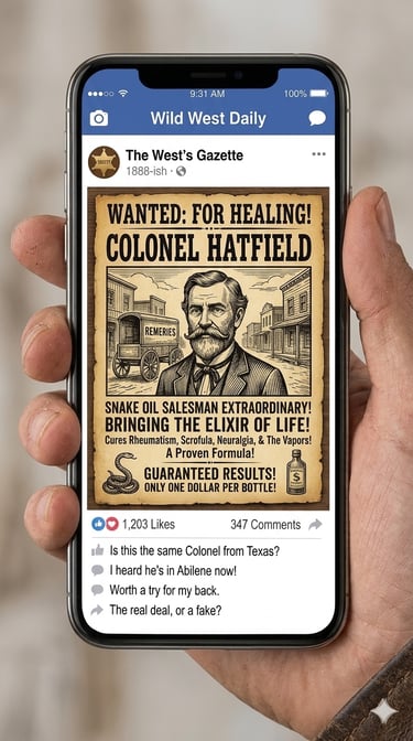 Imagen de un smartphone con un cartel de una estafa de carromato clásica del oeste Blog de Óscar Ocaña 'Saturno en las redes'