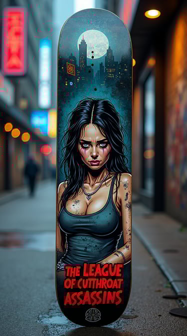 Custom skateboard deck featuring a gritty assassin girl graphic and city skyline art in a dark alley.