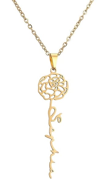 Birth Flower Personalized Name Necklace in Gold