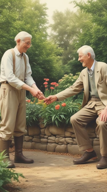 A gardener carefully trimming a lush green hedge under a bright sky.