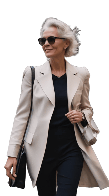 a sugar mommy in a black top and a white coat