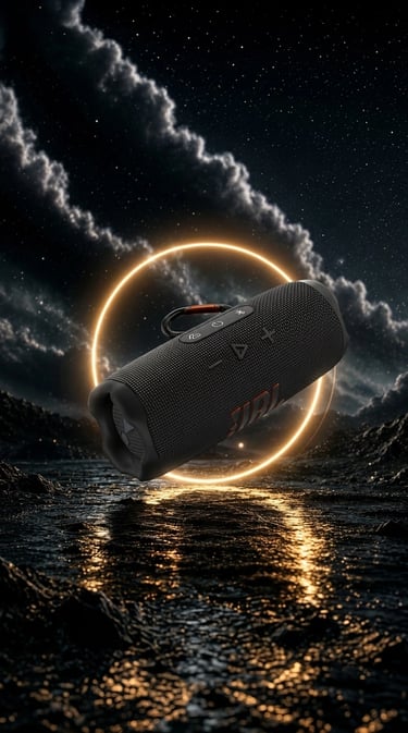Enceinte JBL Flip 7 noire en vue 3/4, suspendue dans un décor sombre avec un halo lumineux doré