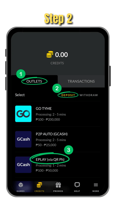 step 2 of depositing funds in go perya on mobile screen