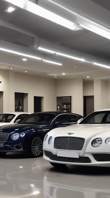 The interior of a car dealership is visible through a glass window that has bold lettering advertising sales of cars and vans. Several vehicles, including a white compact car, are arranged inside a well-lit showroom. A television screen mounted on the wall displays an image, while the room also contains various equipment and items.