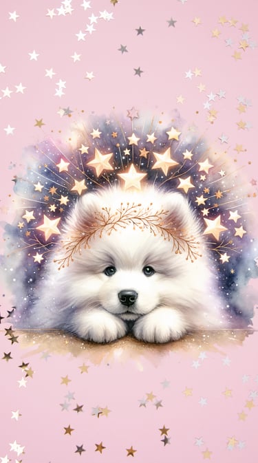 White dog on a pink start background