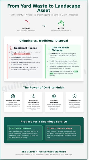Infographic explaining brush chipping for Falls Church homeowners as a local 2026 guide by Guilmer Tree Services.