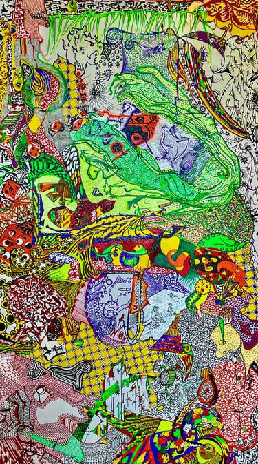 Complex psychedelic abstract drawing with vibrant neon colors, intricate patterns, and surreal doodle art details.