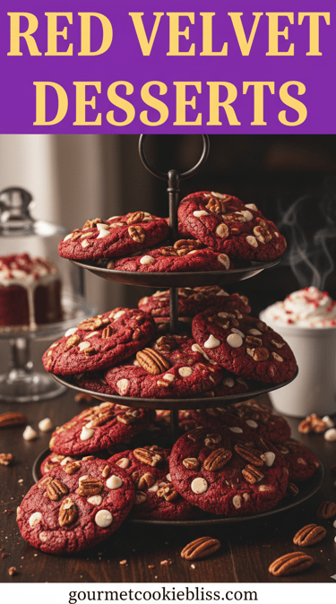 A beautiful tiered display filled with thin, soft red velvet cookies bursting with white chips pecan