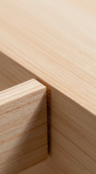 Macro shot of a clean, interlocking friction-fit joint in warm birch plywood, bright natural workshop daylight, high-contrast details, 50mm lens.