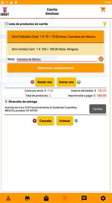 Pantalla que presenta los productos seleccionados por el cliente para ser solicitados en su pedido.