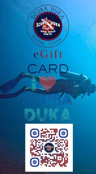 Scuba Duka Diani Beach eGift card featuring a scuba diver underwater and a scannable QR code.