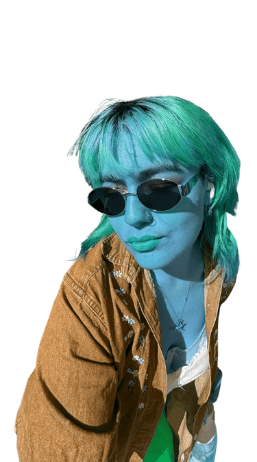 a woman with green hair and sunglasses on a black background