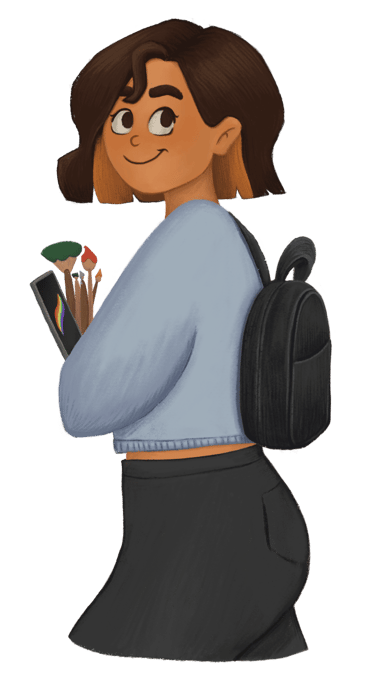 Cartoon character holding iPad and paint brushes