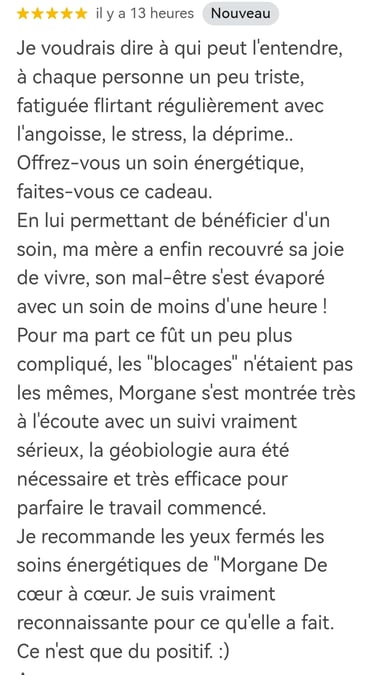 Screenshot of a positive review for Morgane De coeur à coeur energy healing and geobiology services.