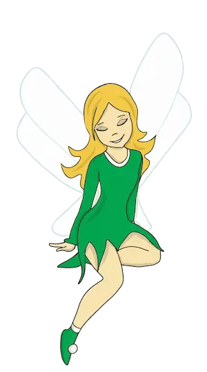 Cartoon illustration of a blonde fairy with closed eyes, wearing a green dress and green shoes, sitt