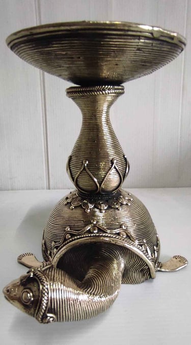 "Designer brass turtle with central light holder and detailed pattern, front side-Designed for export"