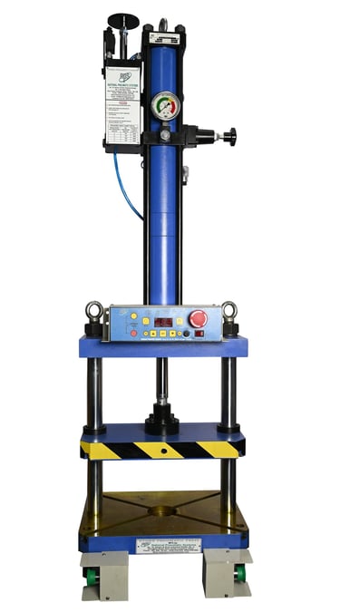 2-pillar guided moving press machine built by national pneumatic systems in vasai used for cutting trimming crimping reveting