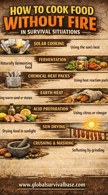 cooking without fire survival infographic showing alternative methods to prepare food
