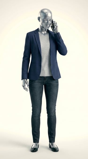 Silver robot wearing a navy blazer and denim jeans talking on a mobile smartphone.