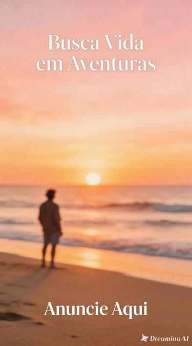 A man stands on a beach watching a golden sunset over the ocean waves with Portuguese text overlay.
