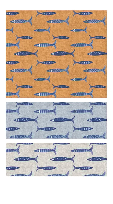 Blue sardines seamless surface patterns for wallpaper, fabric, home decor and art licensing.