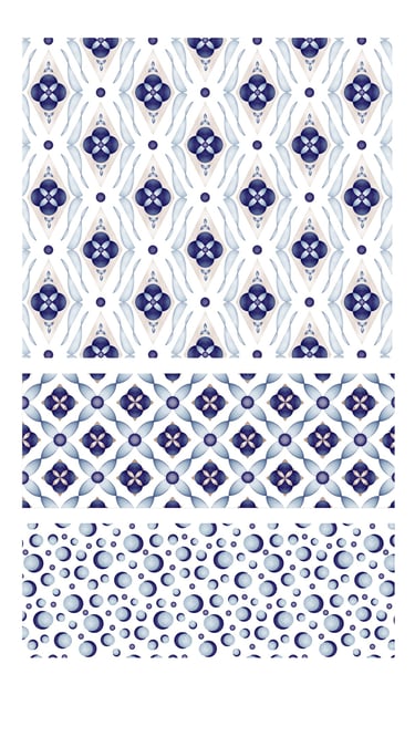 Ornate seamless surface patterns in shades of blue for wallpaper, fabric and home decor.