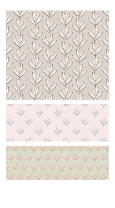 Minimalist hand drawn botanicals seamless surface patterns for wallpaper, fabric, home decor and art licensing.
