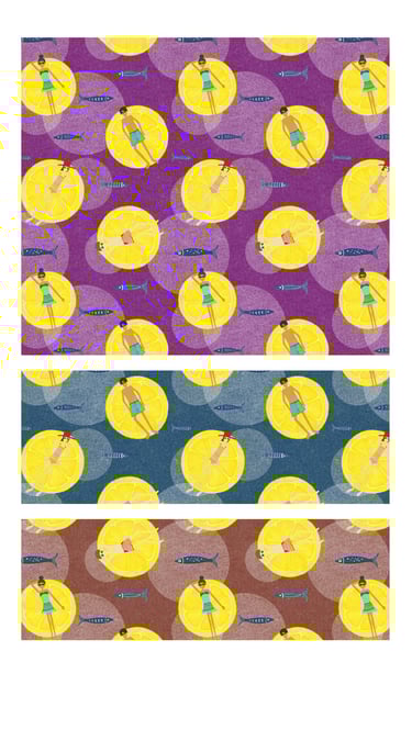 Sardines and lemon seamless surface patterns for wallpaper, fabric, home decor and art licensing.