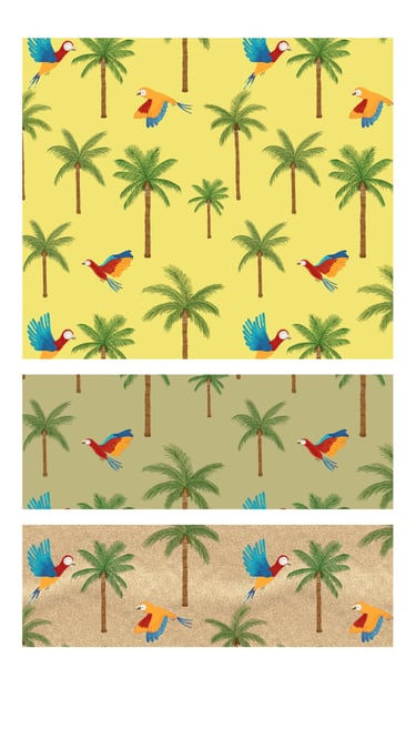 Palm trees and parrots seamless patterns for wallpaper, fabric, home decor and art licensing.