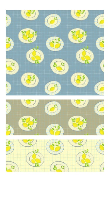 Lemons on plates seamless pattern designs for wallpaper, fabric, home decor and art licensing.