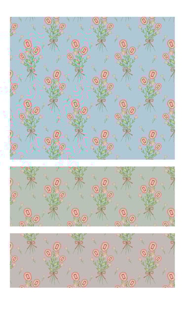 Preppy coquette flower ribbon bouquet surface pattern designs for wallpaper, fabric and home decor.