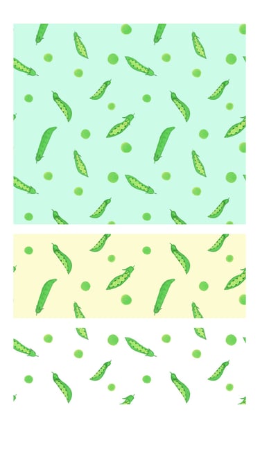 Tossed green pea pods surface patterns for wallpaper, fabric, home decor and art licensing.