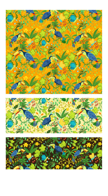 Tropical rainforest toucans seamless surface patterns for wallpaper, fabric, home decor and art licensing