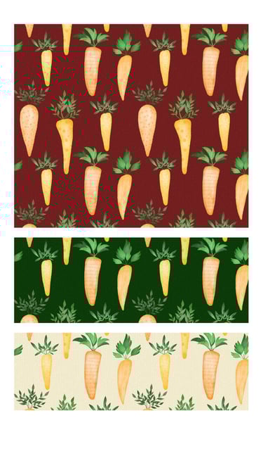 Whimsical carrot seamless surface patterns for wallpaper, fabric, home decor and art licensing.