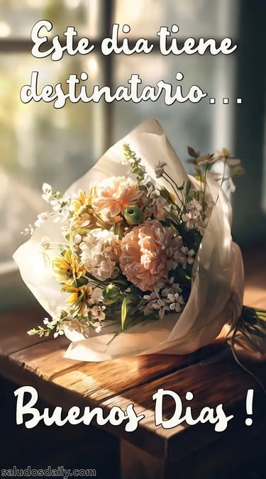 Ramo de flores frescas envuelto en papel delicado sobre una mesa de madera, iluminado por luz cálida