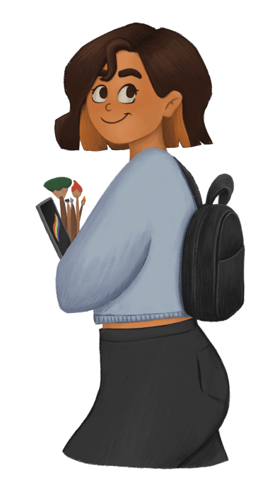 Cartoon character holding iPad and paint brushes