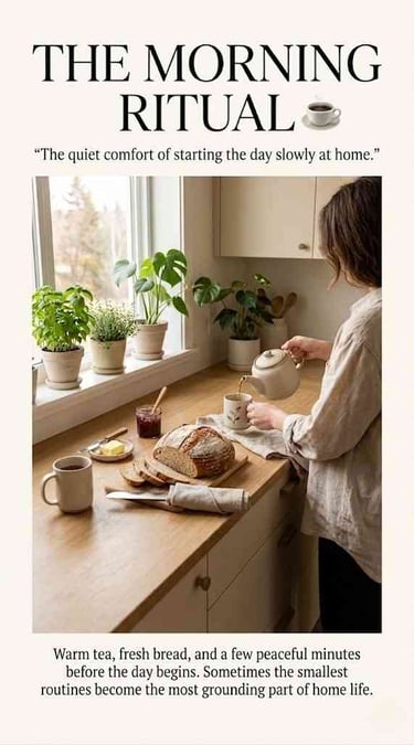 Woman pouring tea in a calm kitchen with bread, plants, and soft morning light
