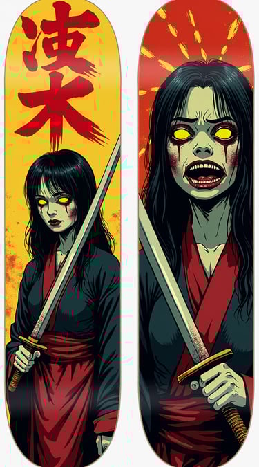 Two skateboard decks with an anime-style female samurai warrior, featuring a demonic transformation 