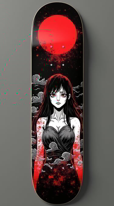 Custom anime skateboard deck featuring a gothic girl with red eyes and a large crimson moon graphic.