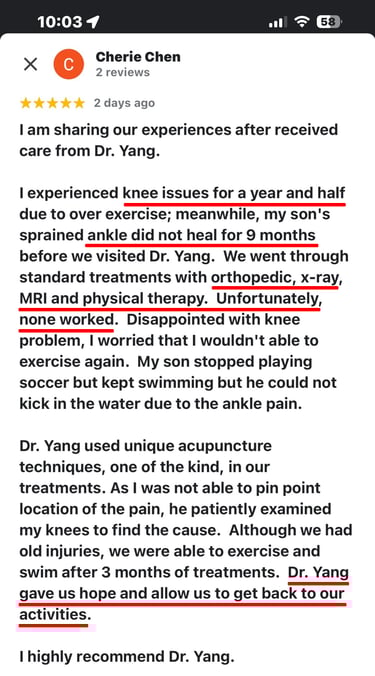 Screenshot of a five-star Google review from Cherie Chen describing long-term knee pain and her son’