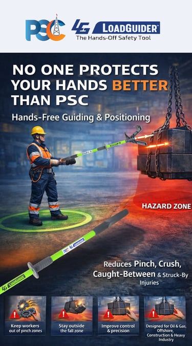 Hands-free lifting safety website design for PSC LoadGuider push pull stick with blue footer and cle