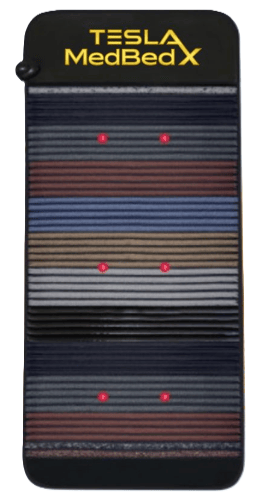 Tesla MedBedX therapeutic infrared heating mat with multi-colored striped sections for frequency healing.