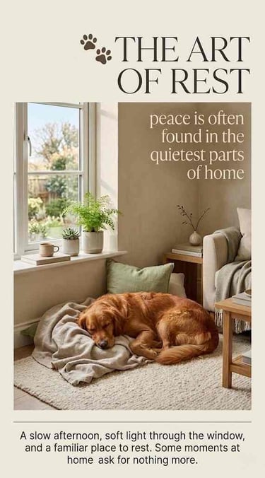 Golden dog resting in a cozy sunlit living room with soft neutral home decor